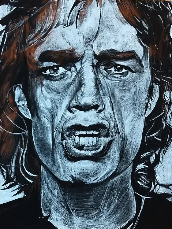 Mick Jagger, portrait en cours aux trois crayons par Jeremy MORIN