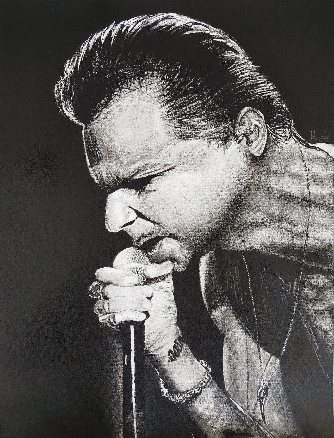 Dave Gahan, portrait au fusain par Jeremy MORIN