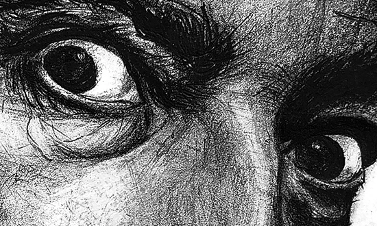 Détail ultra-réaliste du regard sur le portrait de Salvador Dali dessiné au graphite par Jérémy Morin